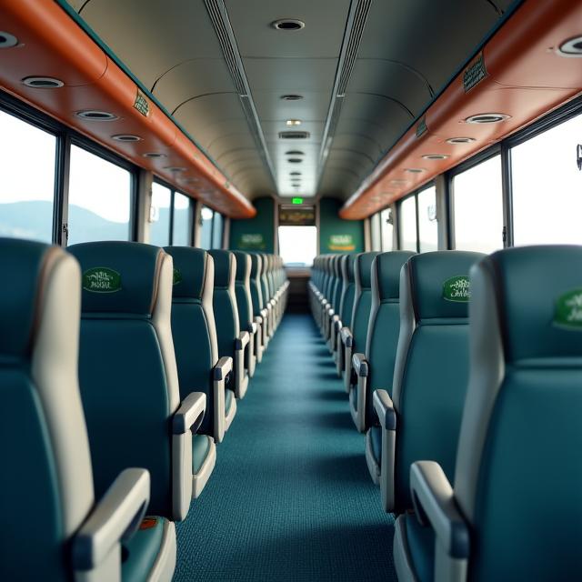 Spacious and clean interior of a modern EmeraldWay coach with reclining seats
