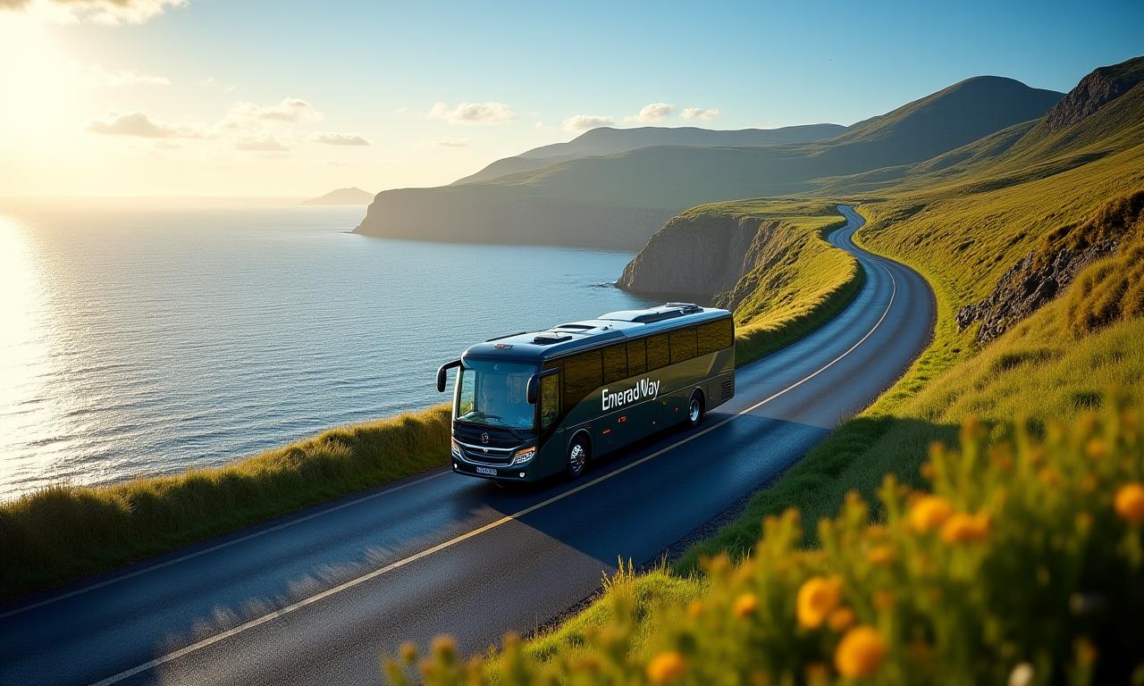 An EmeraldWay coach on a scenic drive along the Irish coast