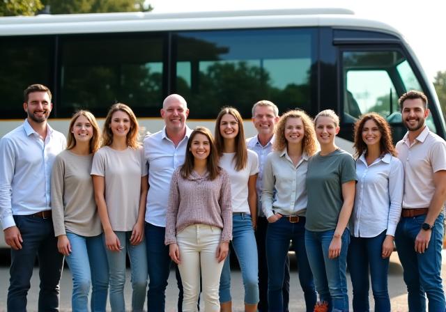 A group of people happily standing in front of a private charter coach